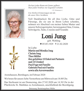 Traueranzeige von Loni Jung von Thüringer Allgemeine