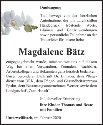 Traueranzeige von Magdalene Bätz von Ostthüringer Zeitung