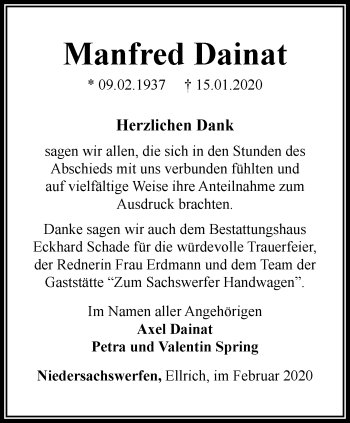 Traueranzeige von Manfred Dainat von Thüringer Allgemeine