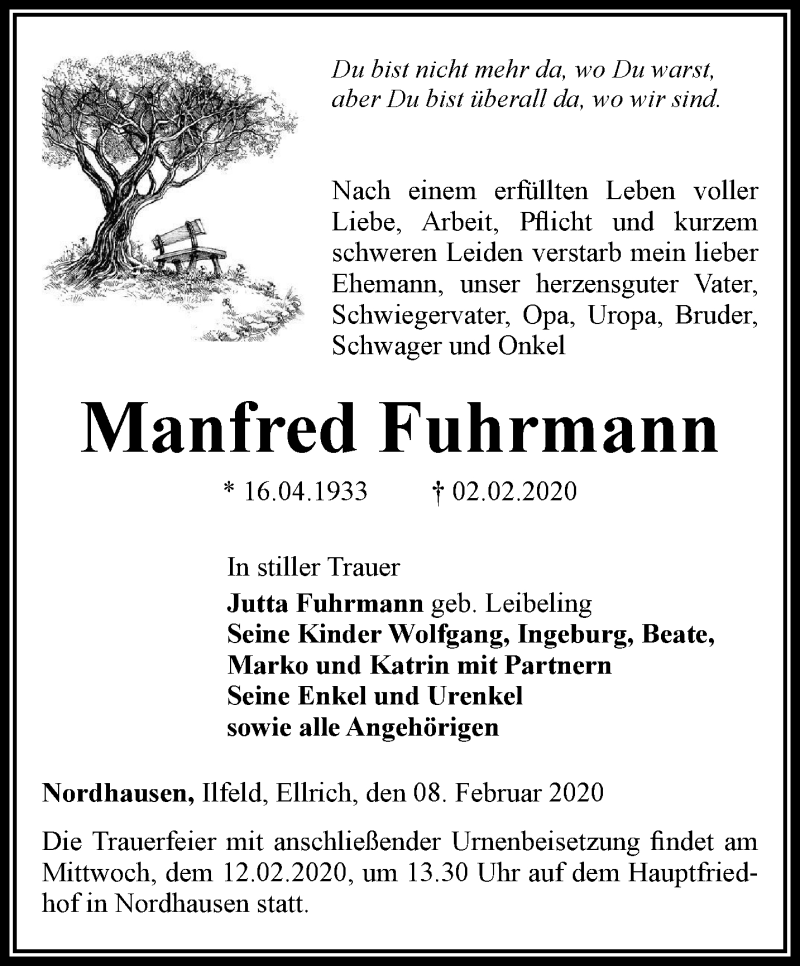  Traueranzeige für Manfred Fuhrmann vom 08.02.2020 aus Thüringer Allgemeine