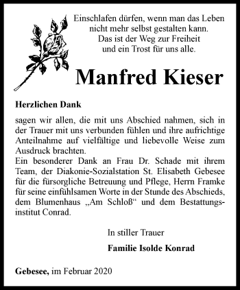 Traueranzeige von Manfred Kieser von Thüringer Allgemeine, Thüringische Landeszeitung