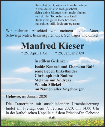 Traueranzeige von Manfred Kieser von Thüringer Allgemeine, Thüringische Landeszeitung