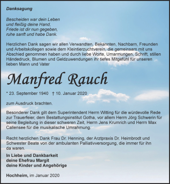 Traueranzeige von Manfred Rauch von Ostthüringer Zeitung, Thüringische Landeszeitung