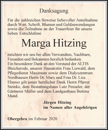 Traueranzeige von Marga Hitzing von Thüringer Allgemeine