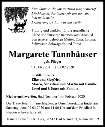 Traueranzeige von Margarete Tannhäuser von Thüringer Allgemeine