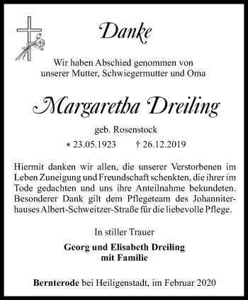 Traueranzeige von Margaretha Dreiling von Thüringer Allgemeine