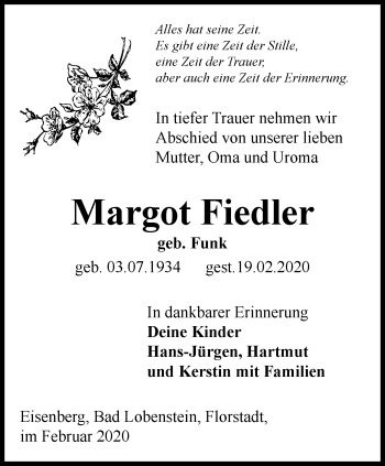 Traueranzeige von Margot Fiedler von Ostthüringer Zeitung