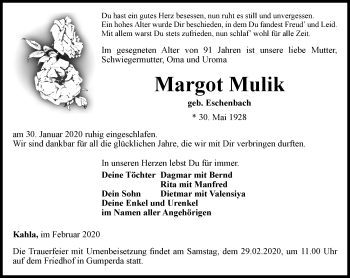 Traueranzeige von Margot Mulik von Ostthüringer Zeitung, Thüringische Landeszeitung