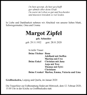 Traueranzeige von Margot Zipfel von Ostthüringer Zeitung