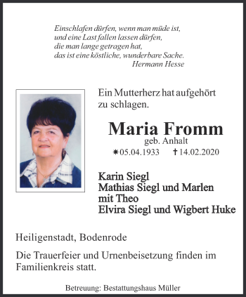 Traueranzeige von Maria Fromm von Thüringer Allgemeine