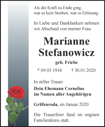 Traueranzeige von Marianne Stefanowicz von Thüringer Allgemeine