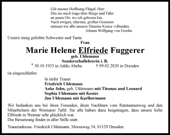 Traueranzeige von Marie Helene Elfriede Fuggerer von Thüringer Allgemeine, Thüringische Landeszeitung