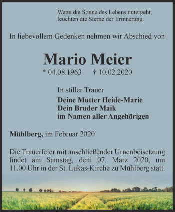 Traueranzeige von Mario Meier von Ostthüringer Zeitung, Thüringische Landeszeitung