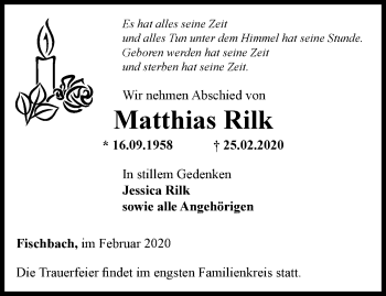 Traueranzeige von Matthias Rilk von Ostthüringer Zeitung, Thüringische Landeszeitung