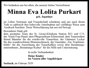 Traueranzeige von Minna Eva Lolita Purkart von Thüringer Allgemeine, Thüringische Landeszeitung