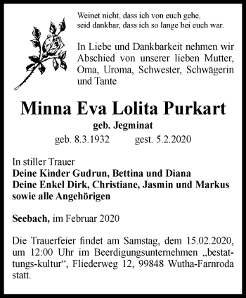 Traueranzeige von Minna Eva Lolita Purkart von Thüringer Allgemeine, Thüringische Landeszeitung