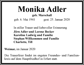 Traueranzeige von Monika Adler von Thüringer Allgemeine, Thüringische Landeszeitung
