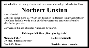 Traueranzeige von Norbert Unsinn von Ostthüringer Zeitung