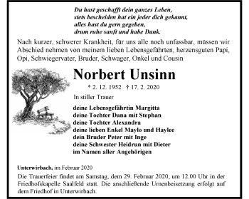 Traueranzeige von Norbert Unsinn von Ostthüringer Zeitung