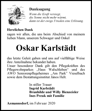 Traueranzeige von Oskar Karlstädt von Thüringer Allgemeine