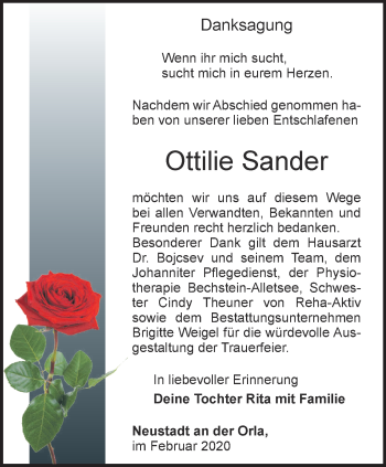 Traueranzeige von Ottilie Sander von Ostthüringer Zeitung