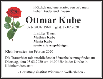 Traueranzeige von Ottmar Kube von Thüringer Allgemeine