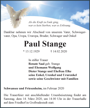 Traueranzeige von Paul Stange von Thüringer Allgemeine, Thüringische Landeszeitung