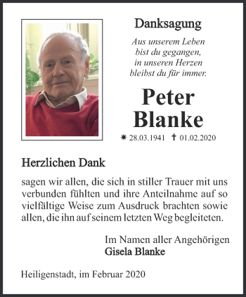 Traueranzeige von Peter Blanke von Thüringer Allgemeine