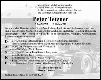 Traueranzeige von Peter  Tetzner von Ostthüringer Zeitung