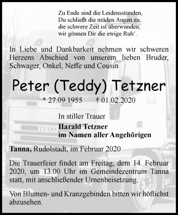 Traueranzeige von Peter  Tetzner von Ostthüringer Zeitung