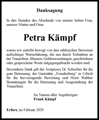 Traueranzeige von Petra Kämpf von Thüringer Allgemeine, Thüringische Landeszeitung