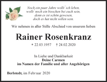 Traueranzeige von Rainer Rosenkranz von Thüringer Allgemeine, Thüringische Landeszeitung