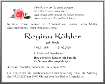 Traueranzeige von Regina Köhler von Thüringer Allgemeine