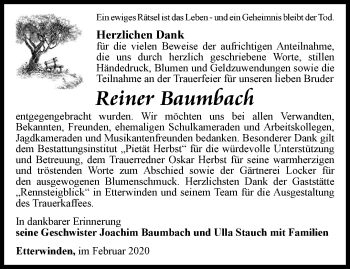 Traueranzeige von Reiner Baumbach von Thüringer Allgemeine, Thüringische Landeszeitung