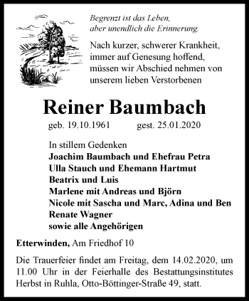 Traueranzeige von Reiner Baumbach von Thüringer Allgemeine, Thüringische Landeszeitung