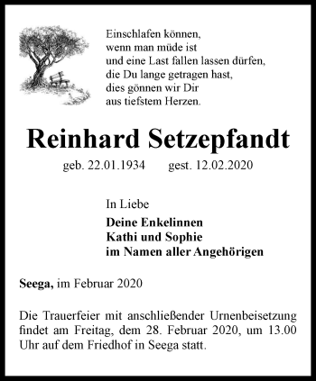 Traueranzeige von Reinhard Setzepfandt von Thüringer Allgemeine