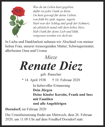 Traueranzeige von Renate Diez von Ostthüringer Zeitung, Thüringische Landeszeitung