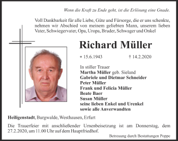 Traueranzeige von Richard Müller von Thüringer Allgemeine