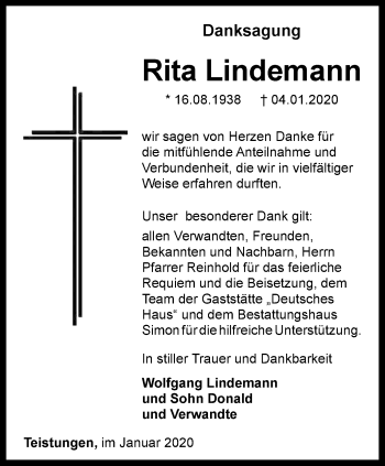 Traueranzeige von Rita Lindemann von Thüringer Allgemeine