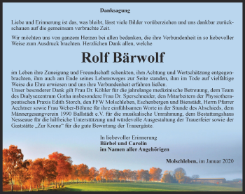 Traueranzeige von Rolf Bärwolf von Ostthüringer Zeitung, Thüringische Landeszeitung