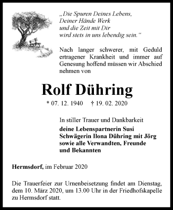 Traueranzeige von Rolf Dühring von Ostthüringer Zeitung
