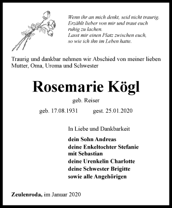 Traueranzeige von Rosemarie Kögl von Ostthüringer Zeitung