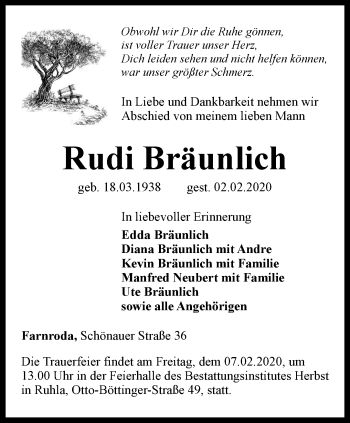 Traueranzeige von Rudi Bräunlich von Thüringer Allgemeine, Thüringische Landeszeitung