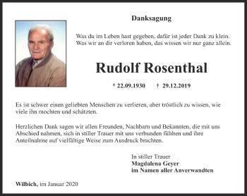 Traueranzeige von Rudolf Rosenthal von Thüringer Allgemeine