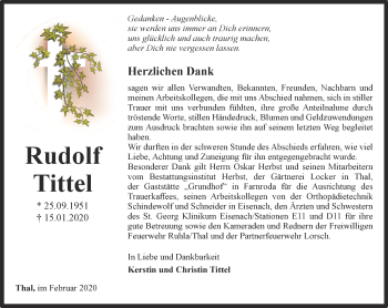 Traueranzeige von Rudolf Tittel von Thüringer Allgemeine, Thüringische Landeszeitung