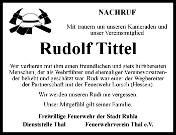 Traueranzeige von Rudolf Tittel von Thüringer Allgemeine, Thüringische Landeszeitung
