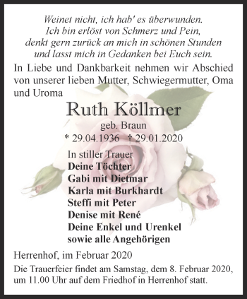 Traueranzeige von Ruth Köllmer von Ostthüringer Zeitung, Thüringische Landeszeitung