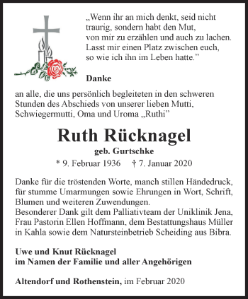 Traueranzeige von Ruth Rücknagel von Ostthüringer Zeitung, Thüringische Landeszeitung