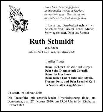 Traueranzeige von Ruth Schmidt von Ostthüringer Zeitung