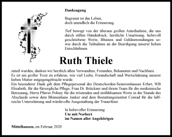 Traueranzeige von Ruth Thiele von Thüringer Allgemeine, Thüringische Landeszeitung